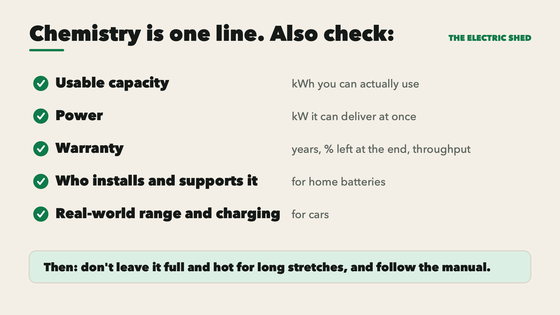 A checklist: usable capacity, power, warranty, installer and support, and real-world range and charging.