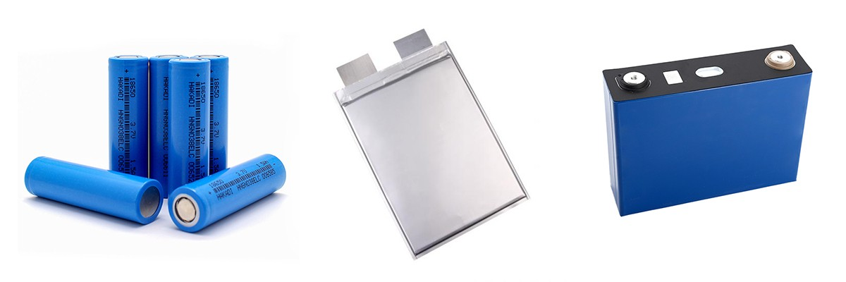 Three lithium-ion cell shapes: cylindrical, pouch and prismatic.