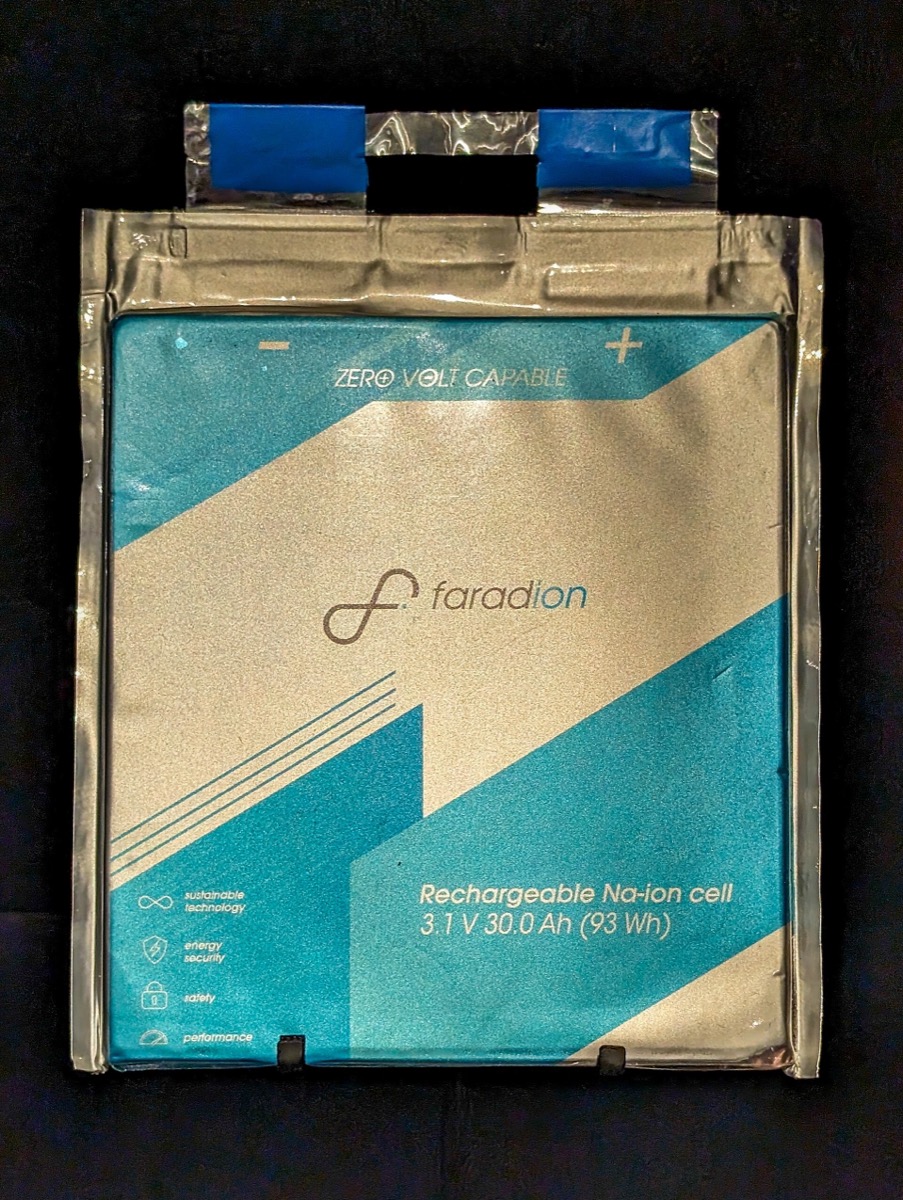 A sodium-ion pouch cell on display at the Science Museum, London.