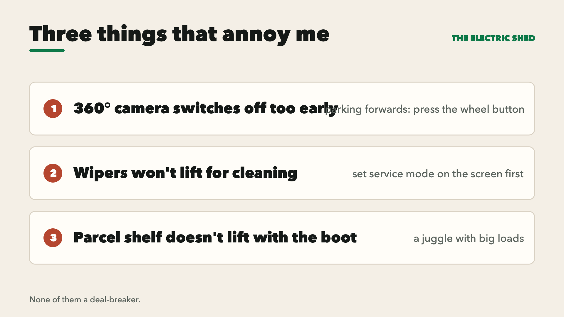 Three annoyances: the 360-degree camera switches off too early, the wipers need service mode to lift, and the parcel shelf doesn't lift with the boot.