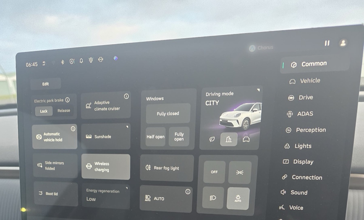 The Ora 5's 14.6-inch touchscreen showing the driving mode and vehicle settings.